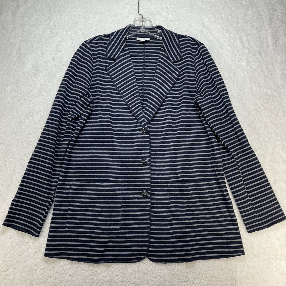 J. JILL Blazer Women's Sz S Cotton Stretch Jacket Navy Blue Gray Stripe Pockets